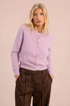 Molly Bracken lilac fluffy knit cardigan with long sleeves and pearl style buttons