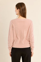 MMolly Bracken pink fluffy knit cardigan with fitted waist – back view