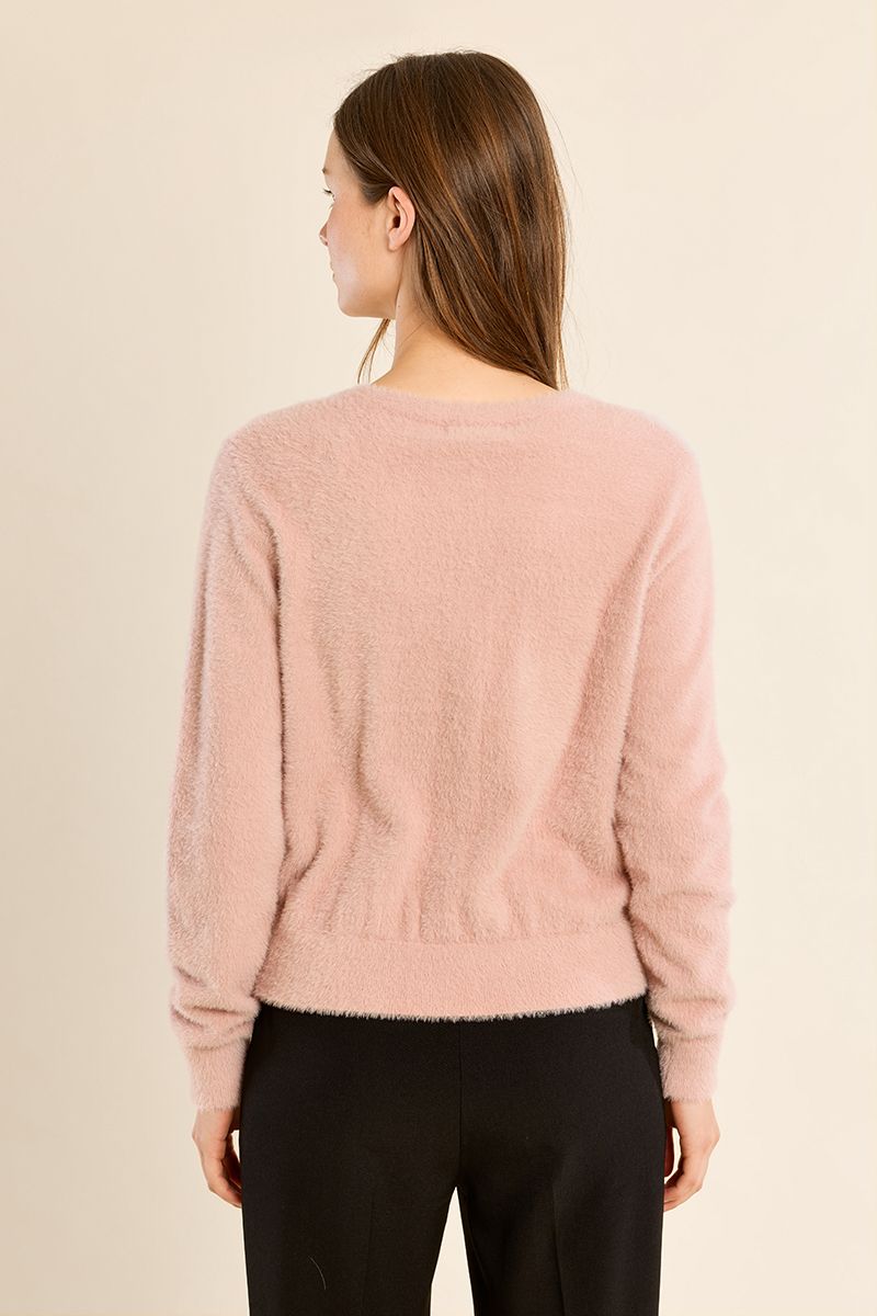 MMolly Bracken pink fluffy knit cardigan with fitted waist – back view