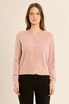 Molly Bracken pink pearl button cardigan with round neckline – front view