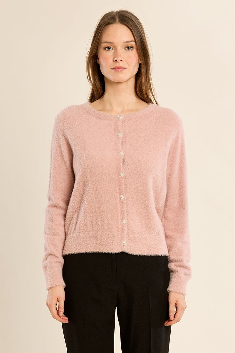 Molly Bracken pink pearl button cardigan with round neckline – front view