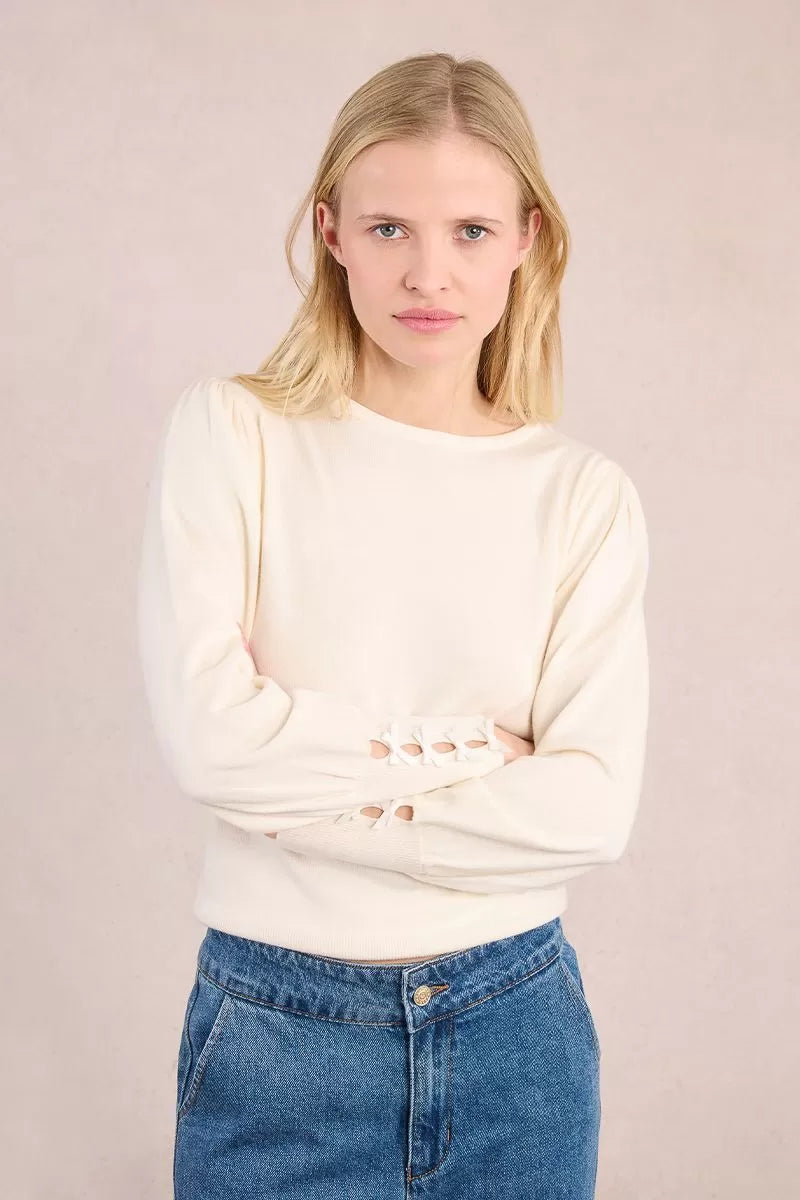 Model wearing Molly Bracken bow cuff jumper with balloon sleeves