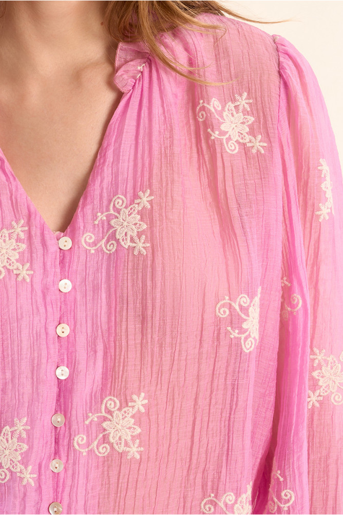 Molly Bracken pink blouse semi sheer embroidered detail close up