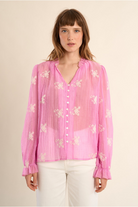 Molly Bracken pink semi sheer blouse front full length button detail