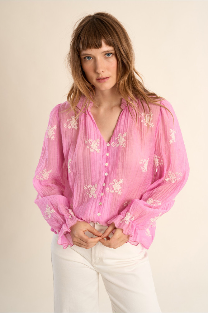 Molly Bracken pink semi sheer embroidered blouse V neck front view