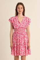 Molly Bracken pink leaf print ruffle sleeve dress front