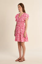 Molly Bracken pink leaf print dress smocked waist detail