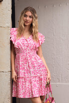 Molly Bracken pink leaf print short dress lifestyle image