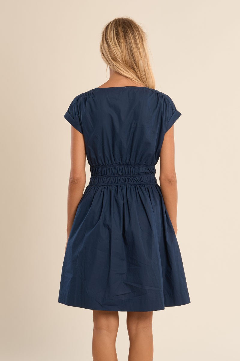 Molly Bracken navy smocked waist cotton dress back view