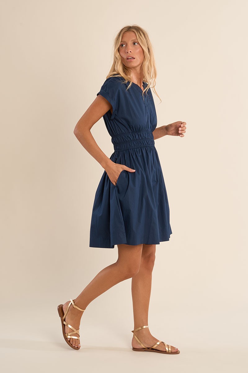 Molly Bracken navy short sleeve cotton dress side pocket view