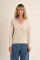 Molly Bracken lace V neck knit jumper beige front view