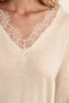 Molly Bracken fine knit cream jumper with lace neckline detail