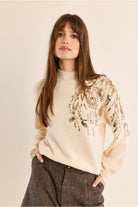 Molly Bracken cream pearl embellished turtleneck jumper front view