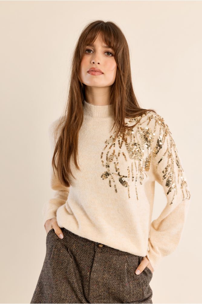 Molly Bracken cream pearl embellished turtleneck jumper front view