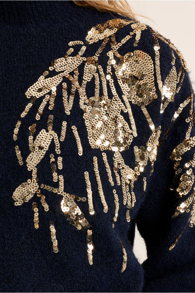 Molly Bracken women’s navy embellished high neck jumper on model