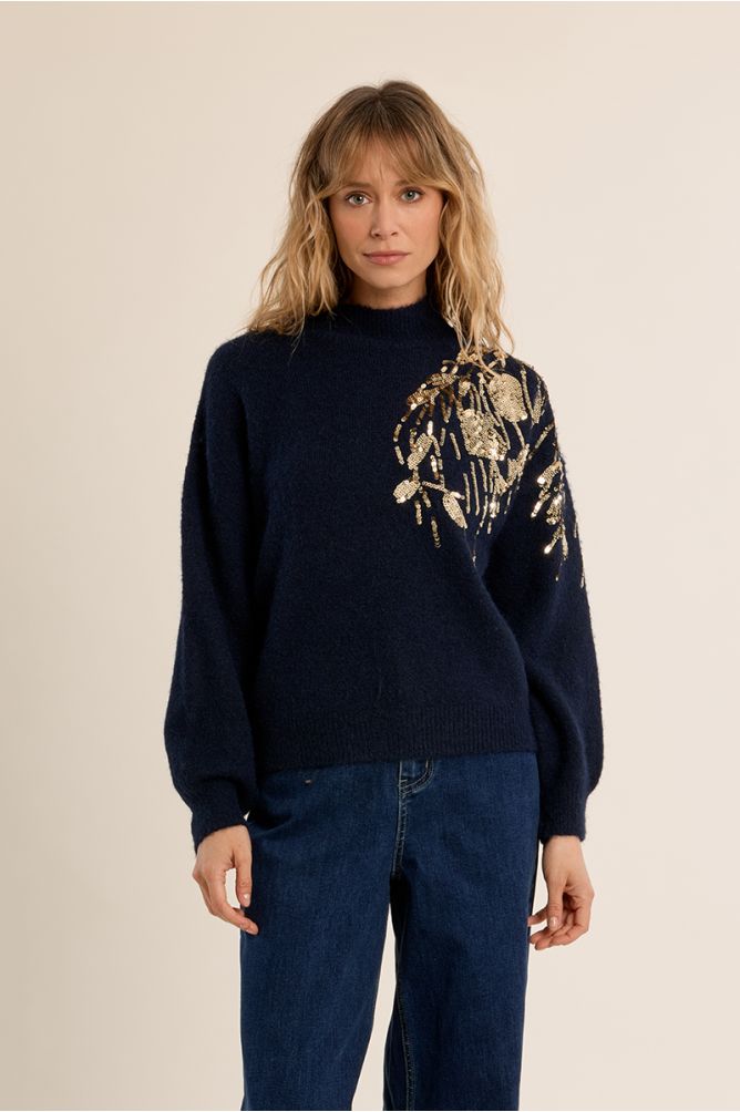 Molly Bracken navy pearl embellished turtleneck jumper front view