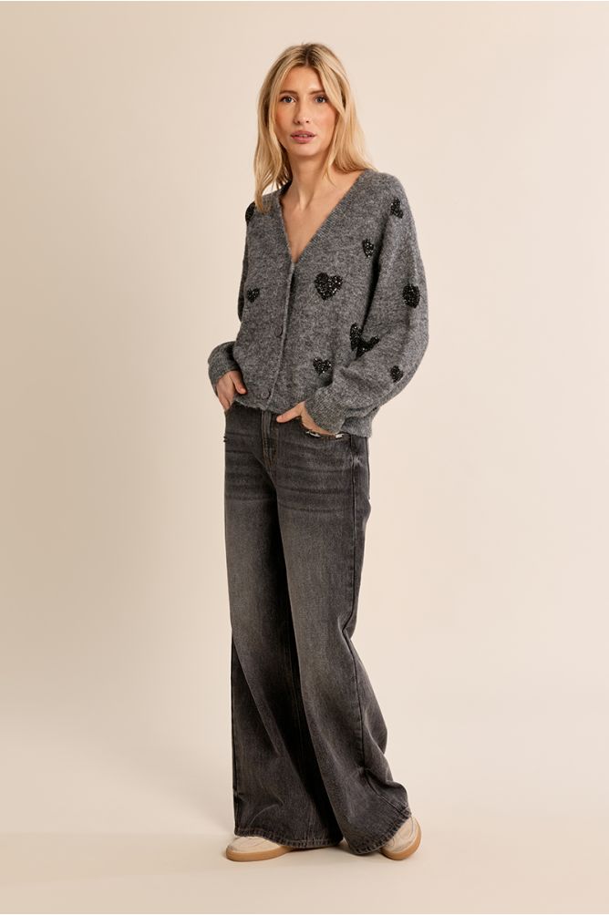  Molly Bracken women’s grey heart cardigan styled with dark jeans