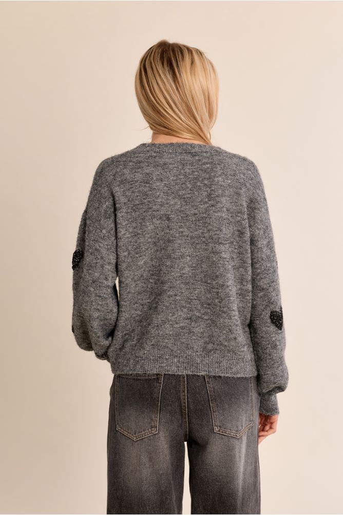 Molly Bracken grey heart motif balloon sleeve cardigan back view