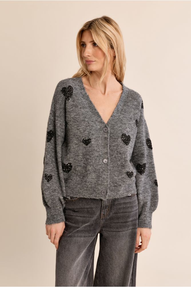 Molly Bracken grey heart motif balloon sleeve cardigan front view