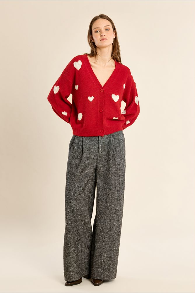 Molly Bracken red heart motif balloon sleeve cardigan on model