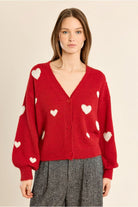 Molly Bracken red cardigan cream heart motif detail close-up