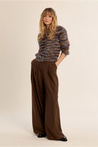 Molly Bracken brushed knit cardigan styled with brown trousers