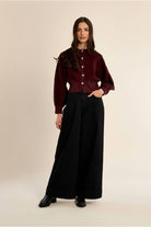 Molly Bracken women’s burgundy heart button cardigan on model