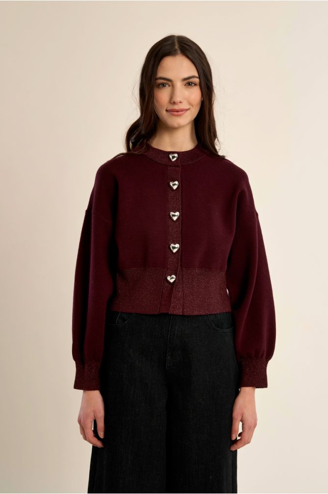 Molly Bracken burgundy knit cardigan styled with black trousers