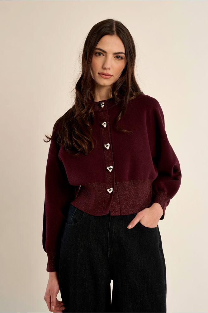 Molly Bracken burgundy heart button knit cardigan front view