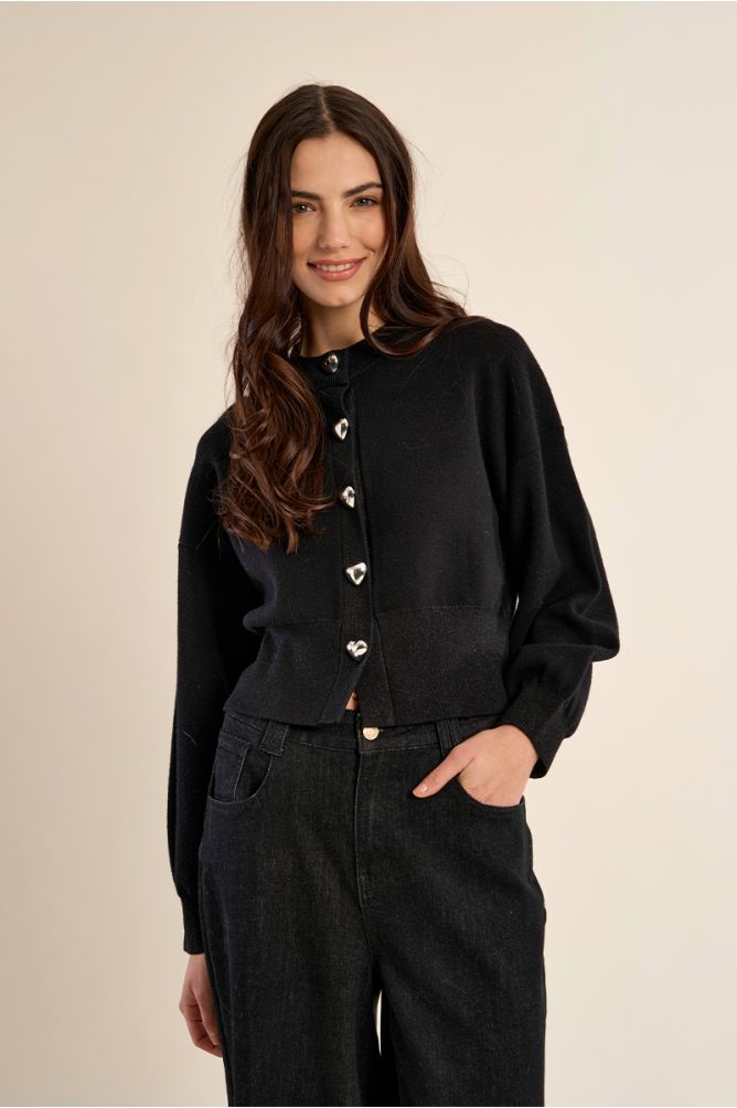 Molly Bracken women’s black heart button cardigan on model