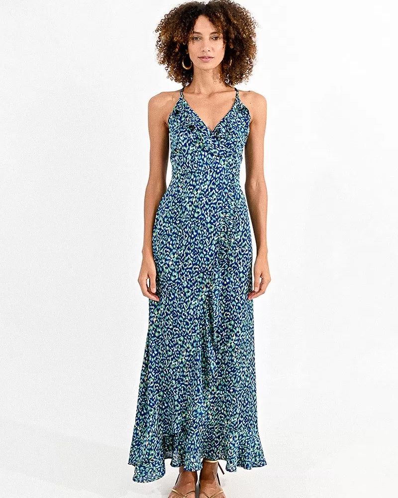 Molly Bracken Blue Animal Print Maxi Dress With Laced Back
