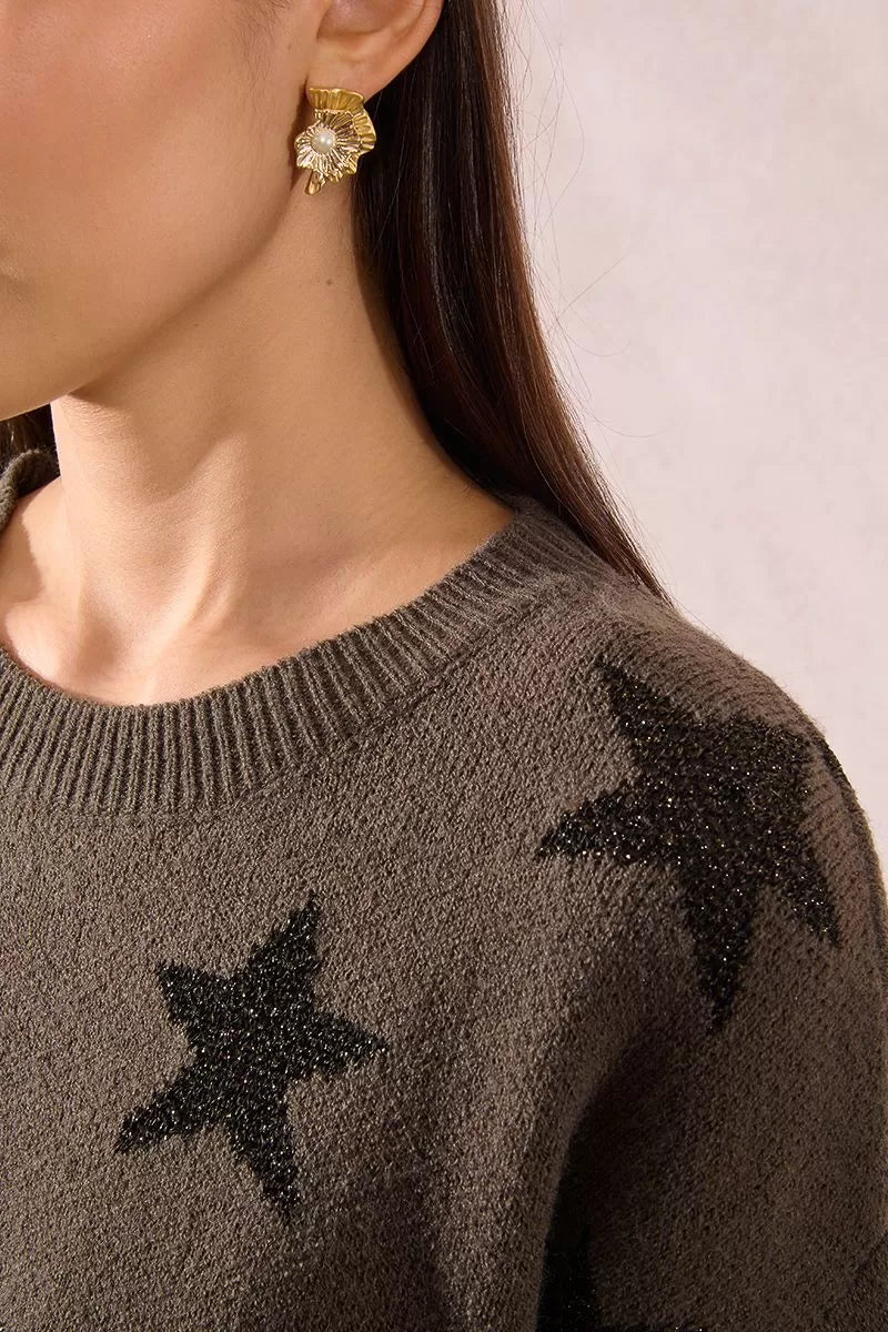 Molly Bracken khaki knit fabric texture with glittery star detail