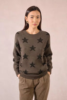 Molly Bracken khaki star print knit jumper front view
