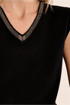 Molly Bracken black V-neck knit top iridescent neckline detail close-up