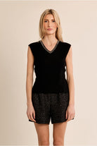  Molly Bracken black iridescent trim sleeveless V-neck knit top front view