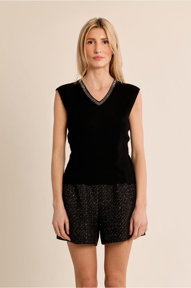  Molly Bracken black iridescent trim sleeveless V-neck knit top front view