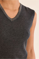 Molly Bracken dark grey V-neck top iridescent trim detail close-up