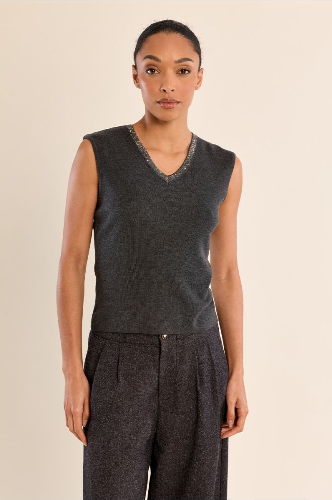 Molly Bracken dark grey iridescent trim sleeveless knit top front view