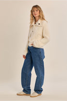 Molly Bracken cream collared cardigan styled with blue jeans