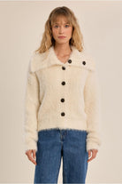 Molly Bracken cream fluffy knit collared cardigan front view