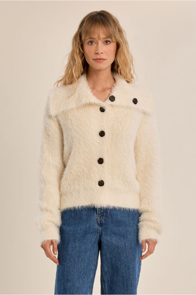 Molly Bracken cream fluffy knit collared cardigan front view
