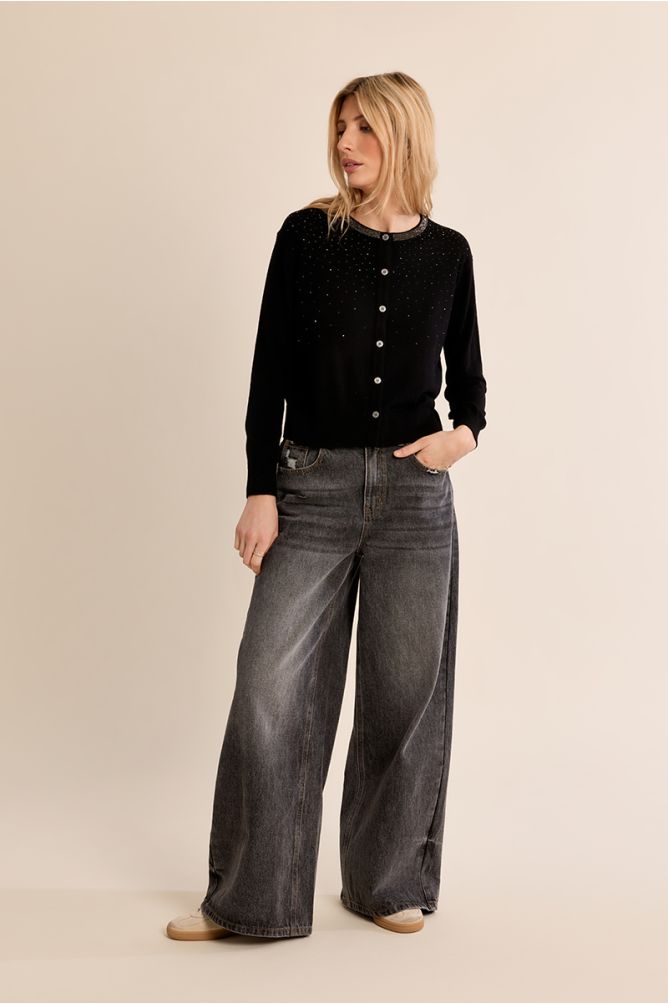 Molly Bracken women’s black sparkly knit cardigan styled with grey jeans