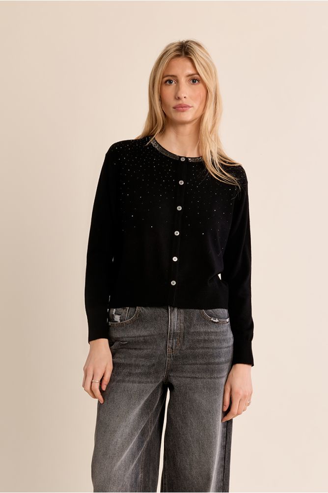 Molly Bracken black sparkly stone knit cardigan front view