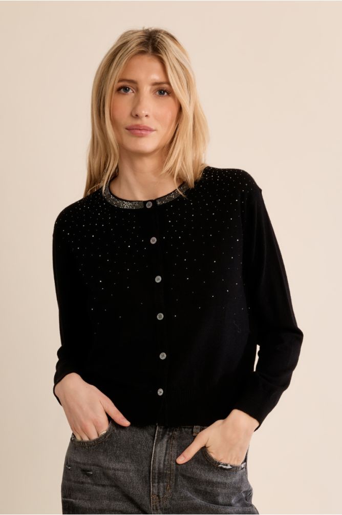 Molly Bracken black sparkly button cardigan on model