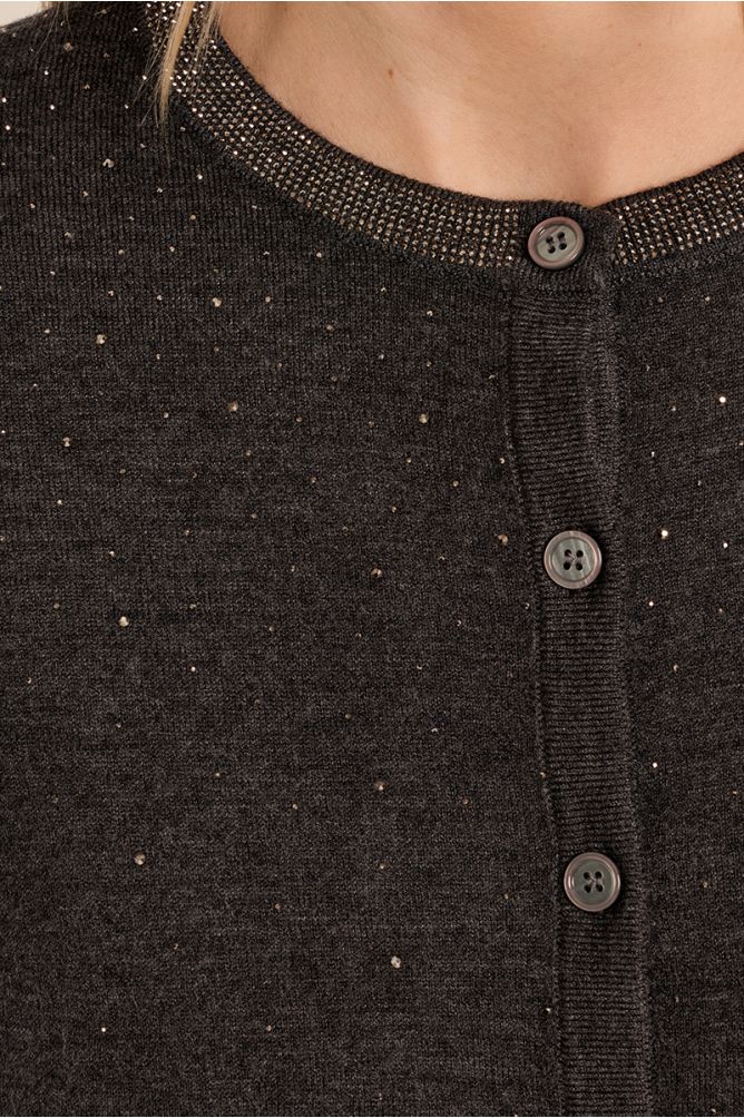 Molly Bracken women’s charcoal sparkly cardigan styled with grey jeans
