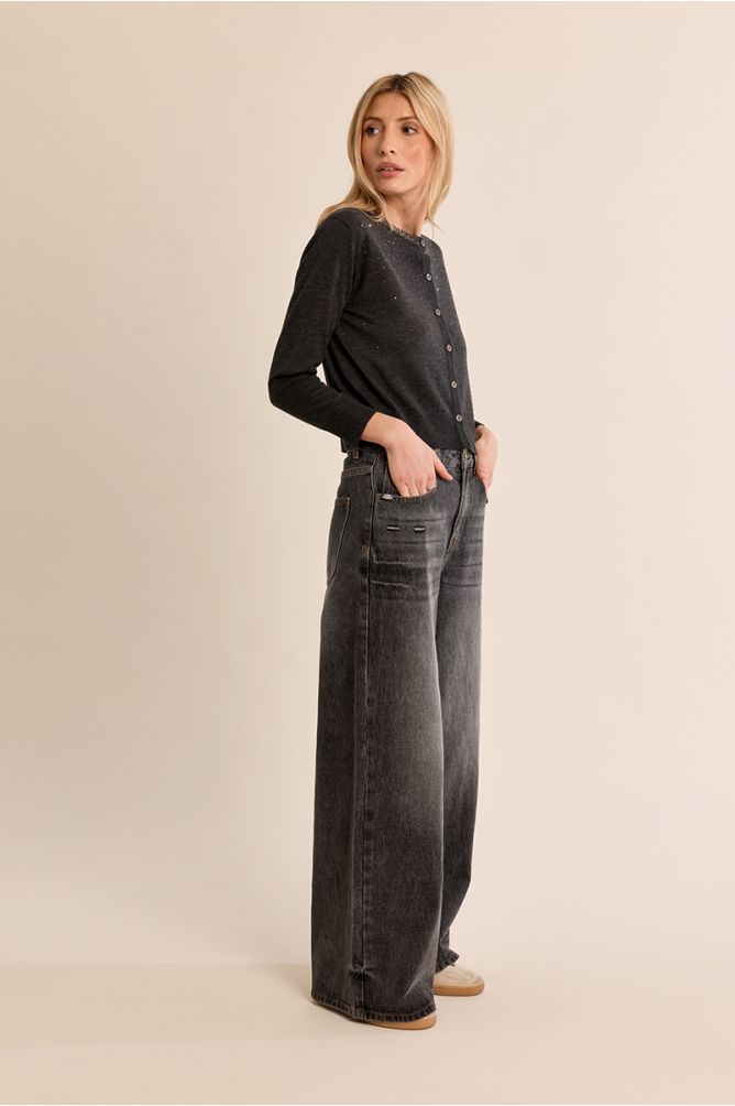 

Molly Bracken charcoal stone embellished knit cardigan back view