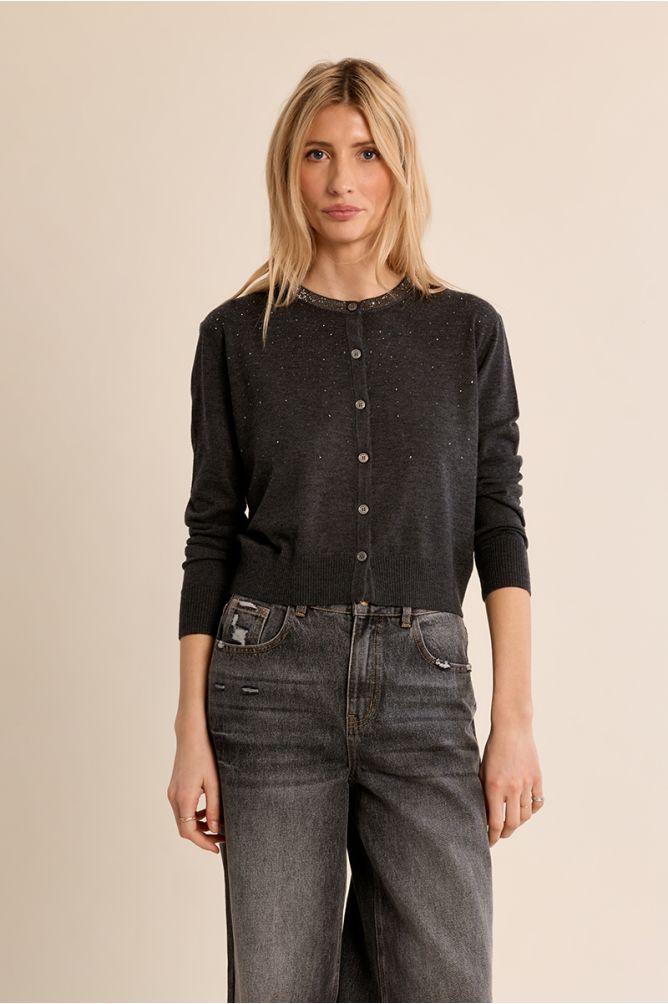 Molly Bracken charcoal sparkly stone knit cardigan front view