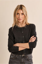 Molly Bracken charcoal embellished cardigan stone detail close-up