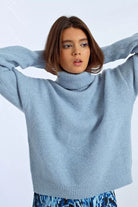 Molly Bracken oversized blue turtleneck knit jumper front view