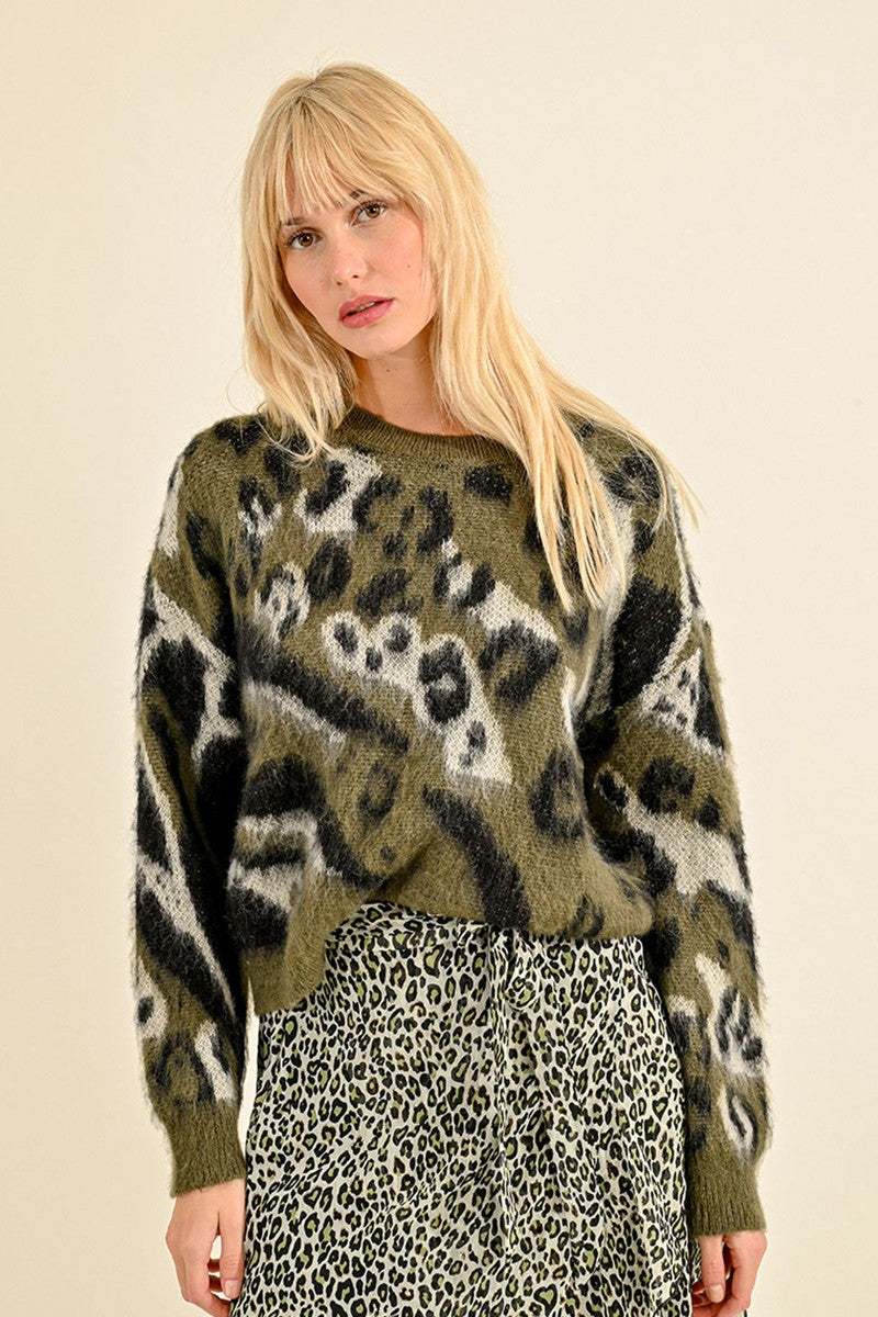 Molly Bracken Khaki Animal Print Jumper